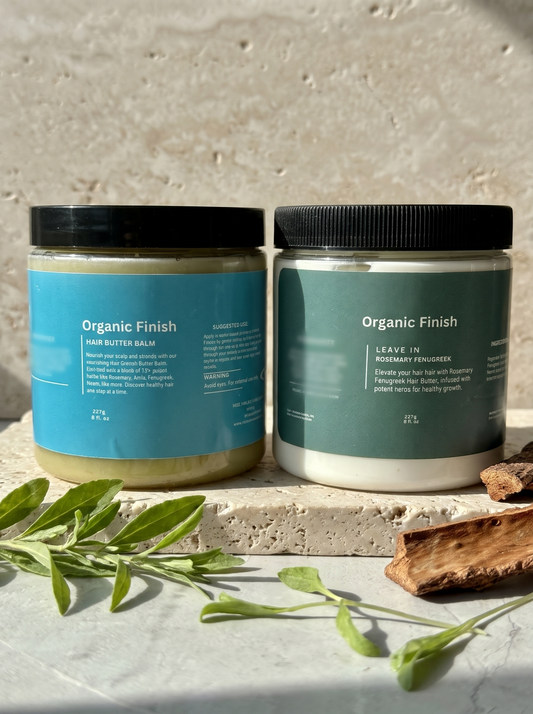 Leave-In and Hair Butter Balm duo by Organic Finish, styled photo 1