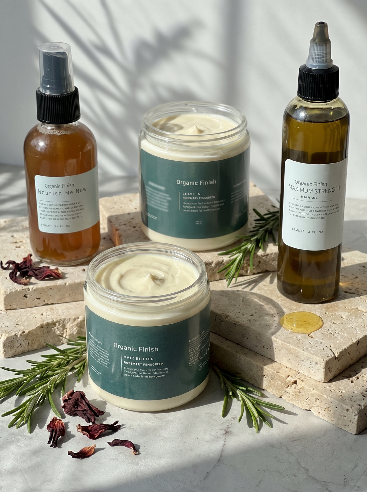 Complete LCO Kit, hair spray, leave-in, hair butter and hair oil by Organic Finish, styled photo 2