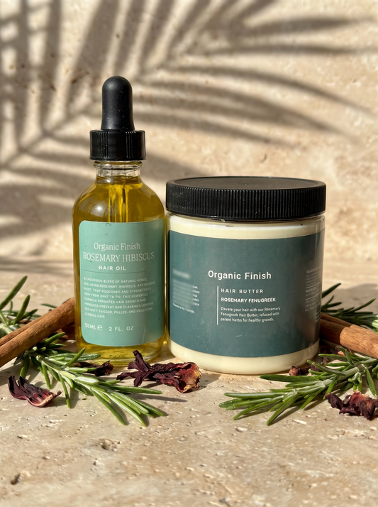 Duo Me Please bundle, fenugreek hair butter and rosemary hair oil by Organic Finish, styled photo 1