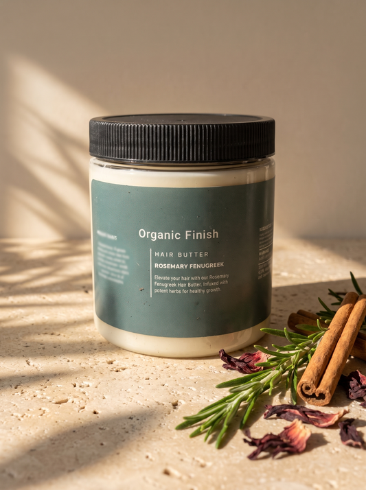 Fenugreek Infused Hair Butter, whipped rosemary fenugreek hair butter by Organic Finish, styled photo 1