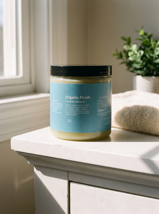 Hair Butter Balm Pomade 8oz, waxy herbal pomade by Organic Finish, styled photo 1