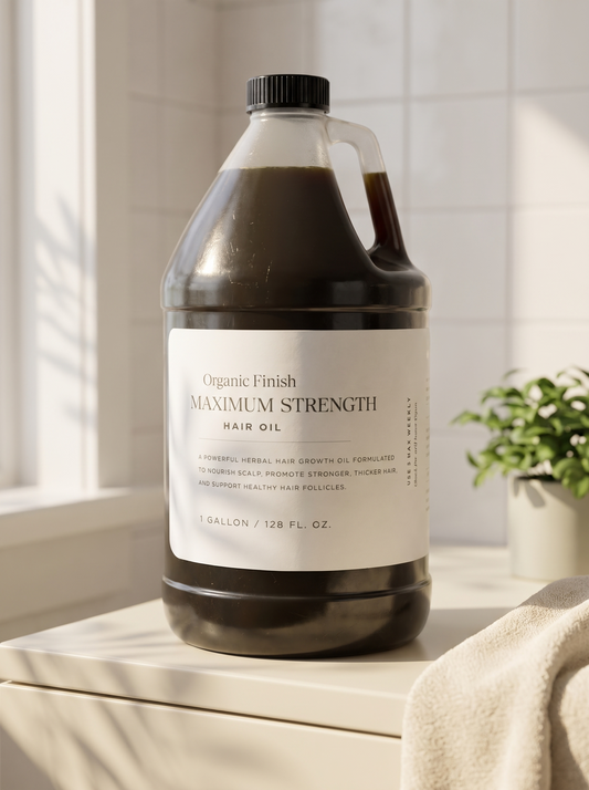 Maximum Strength Hair Oil 1 gallon bulk size by Organic Finish, styled photo 1