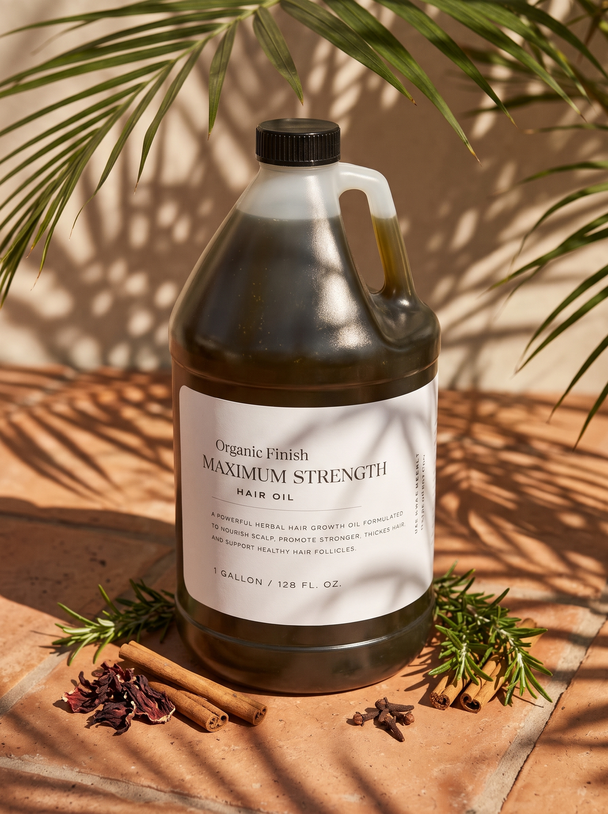 Maximum Strength Hair Oil 1 gallon bulk size by Organic Finish, styled photo 2