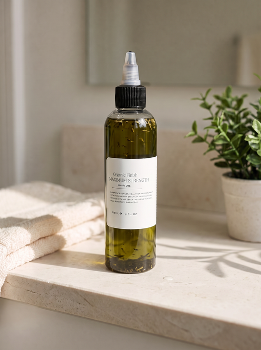 Maximum Strength Hair Oil 4oz, herbal scalp oil by Organic Finish, styled photo 1