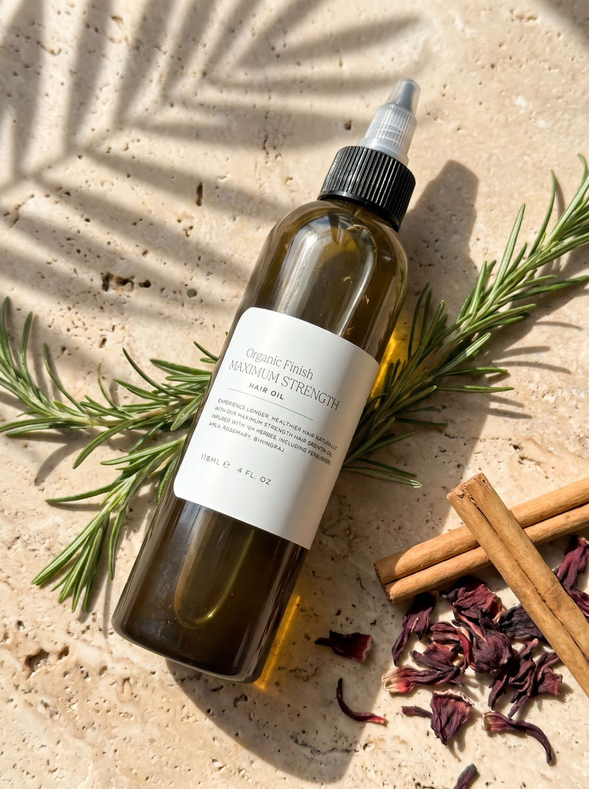 Maximum Strength Hair Oil 4oz, herbal scalp oil by Organic Finish, styled photo 2