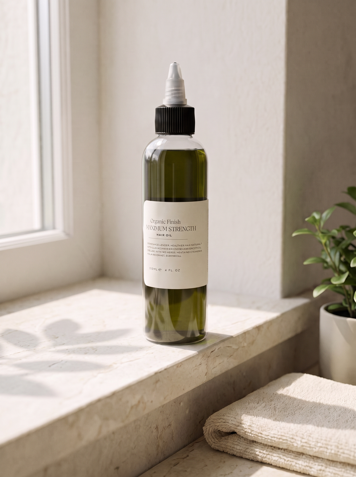 Maximum Strength Hair Oil 4oz, herbal scalp oil by Organic Finish, styled photo 3