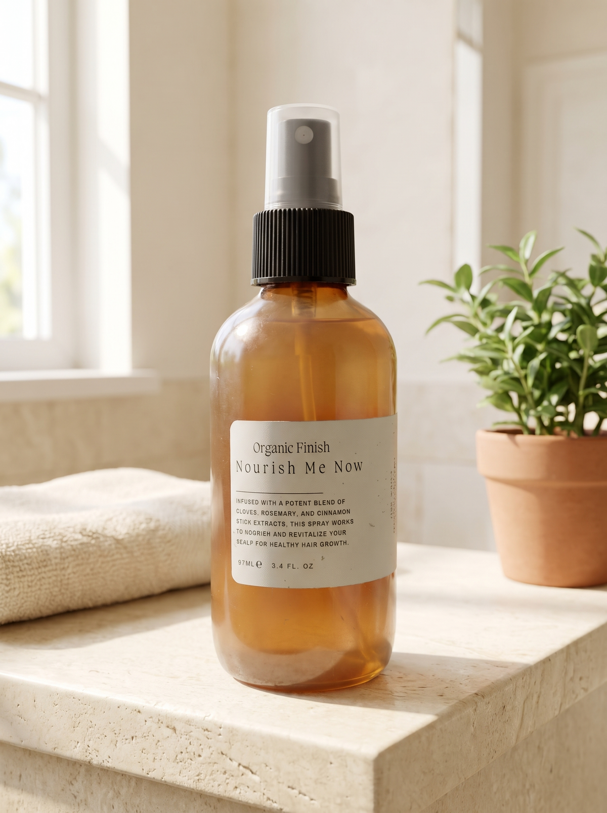 Nourish Me Now Hair Spray with rosemary, clove and cinnamon by Organic Finish, styled photo 1
