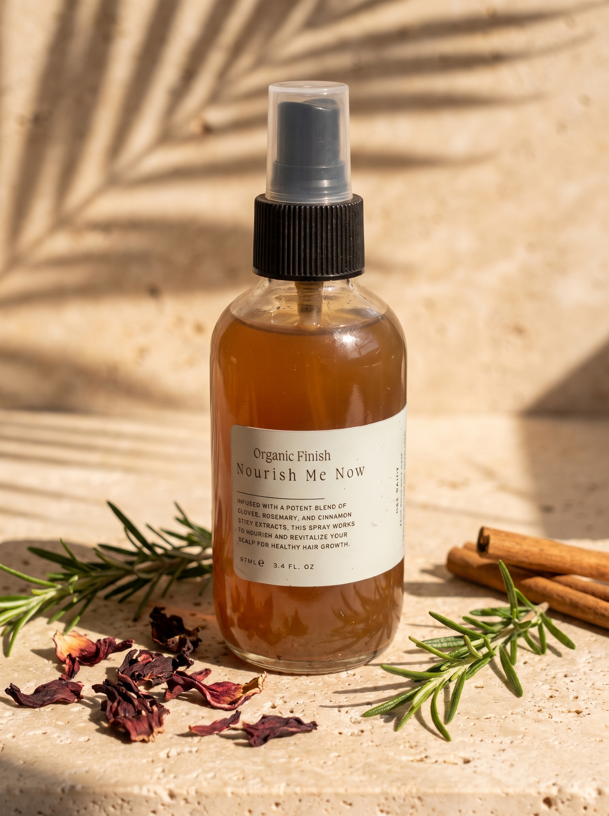 Nourish Me Now Hair Spray with rosemary, clove and cinnamon by Organic Finish, styled photo 2