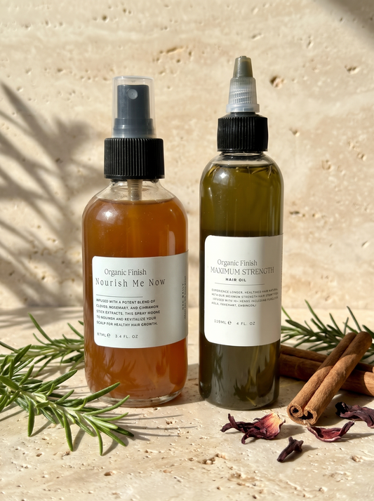 Refresh and Grow Duo, Nourish Me Now spray and Maximum Strength Hair Oil by Organic Finish, styled photo 1